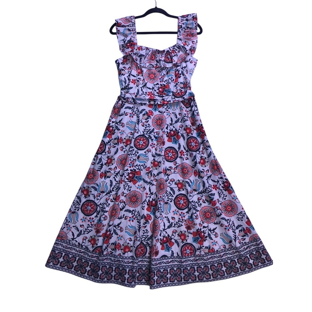 Tahari Garden Party Print Dress Womens 8 White Floral Ruffle Midi Sundress New